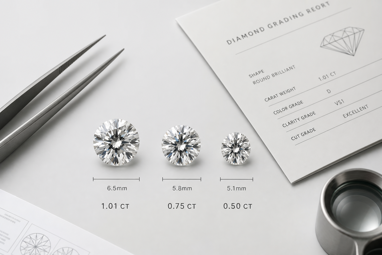 Side-by-side comparison of three loose round lab-grown diamonds showing carat weight, millimeter diameter, and visible face-up size differences
