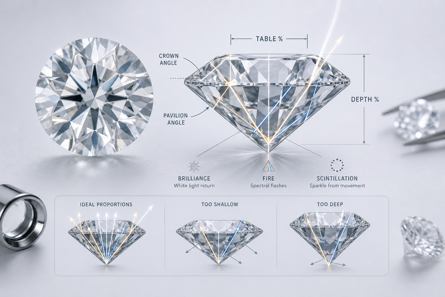 Diagram showing how table percentage, depth percentage, crown angle, and pavilion angle affect a round lab-grown diamond’s visual performance