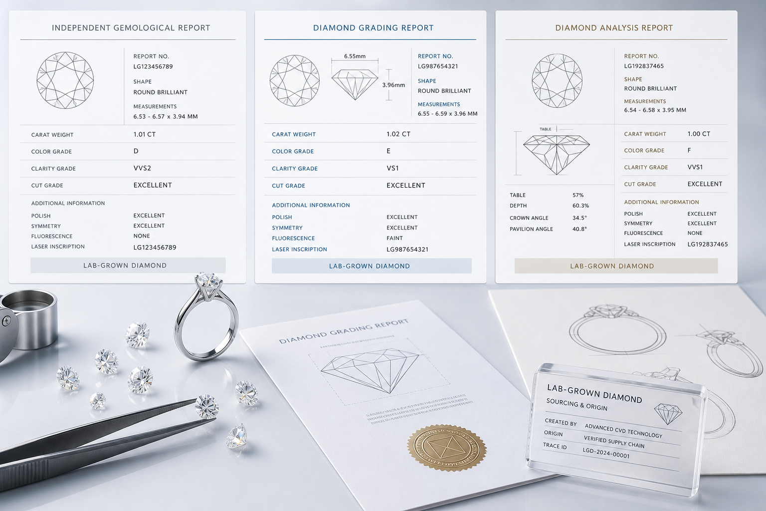 Side-by-side visual layout of IGI, GIA, and GCAL lab-grown diamond report elements, highlighting report number, measurements, color, clarity, cut, and laser inscription fields