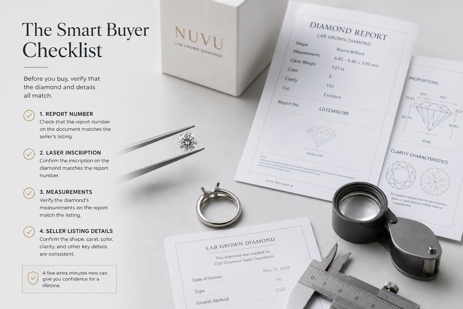 Buyer checklist showing how to match a lab-grown diamond report number, laser inscription, measurements, and seller listing details before purchase