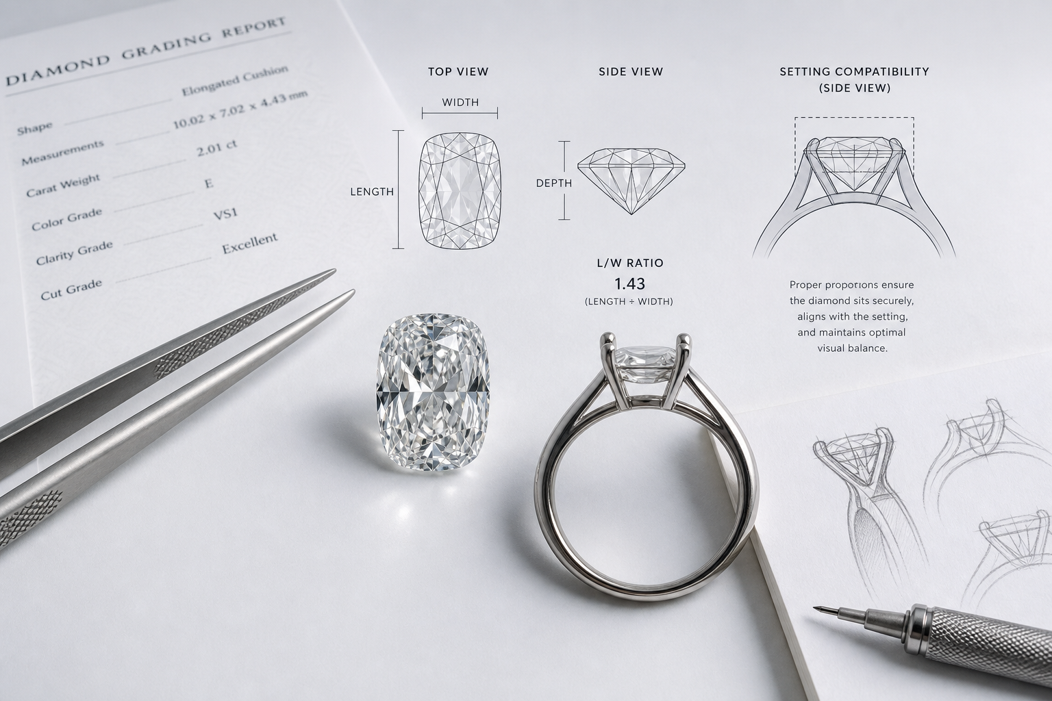 Diagram showing how loose diamond measurements such as length, width, depth, and length-to-width ratio affect ring setting compatibility