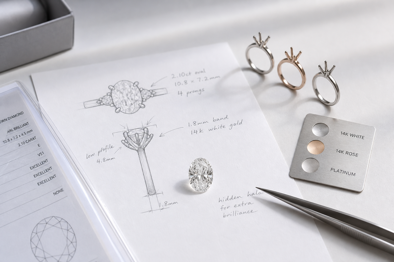 Custom engagement ring planning sketch showing a loose oval lab-grown diamond beside setting options with notes for measurements, prongs, band width, and metal choice