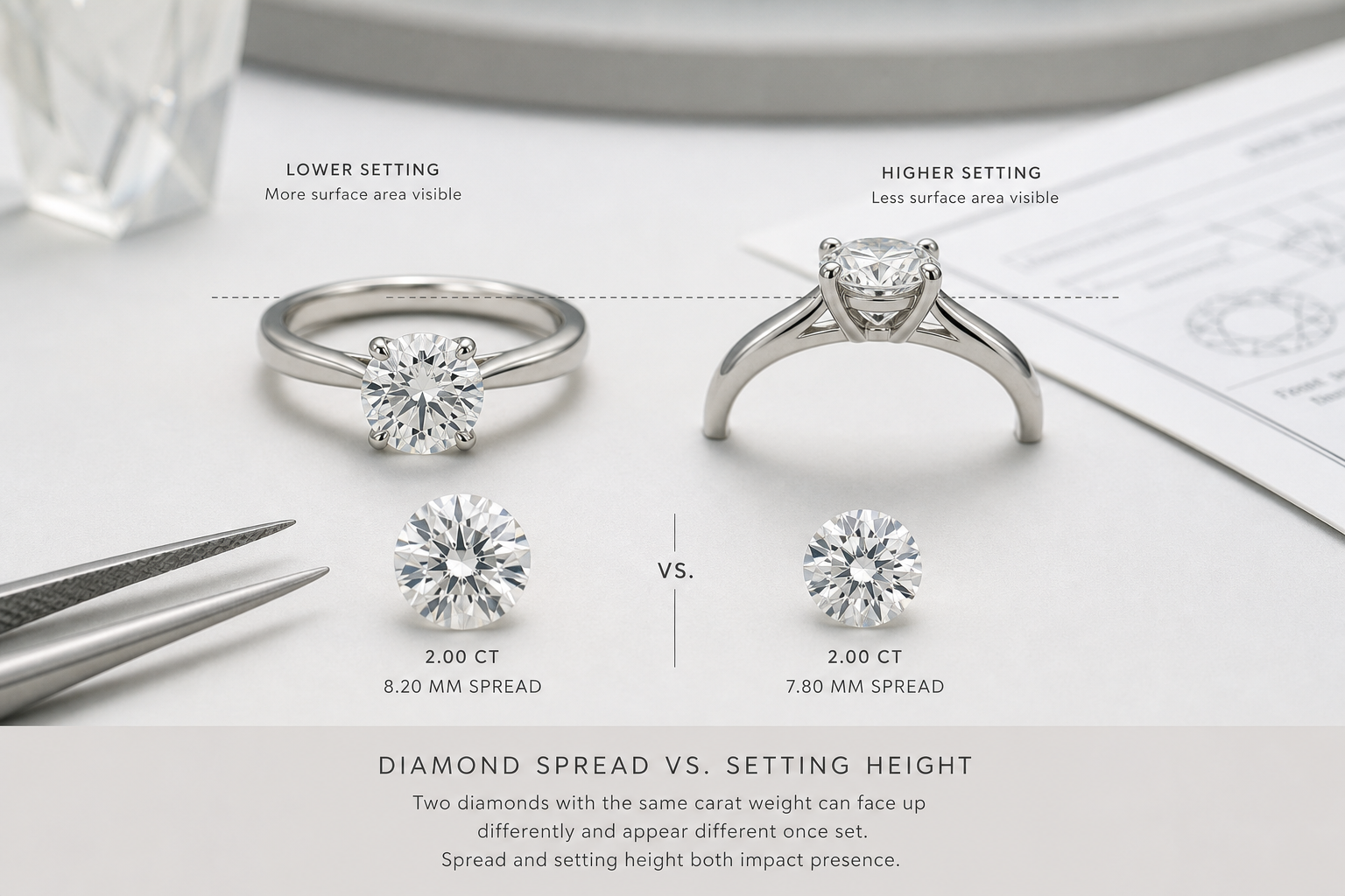Side-by-side illustration showing two loose lab-grown diamonds with the same carat weight but different millimeter spreads and setting heights