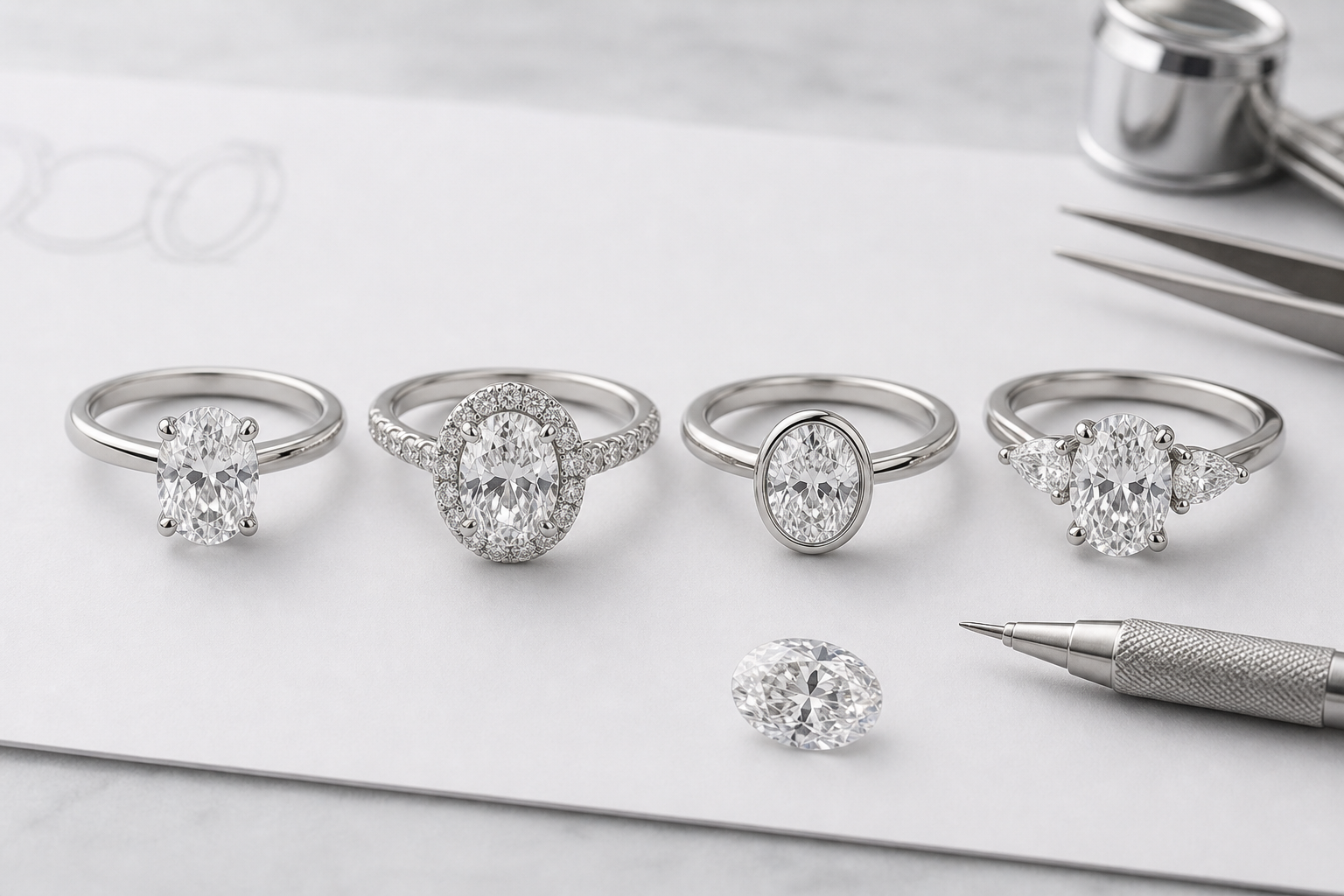Custom engagement ring setting comparison showing the same oval lab-grown diamond in solitaire, halo, bezel, and three-stone designs