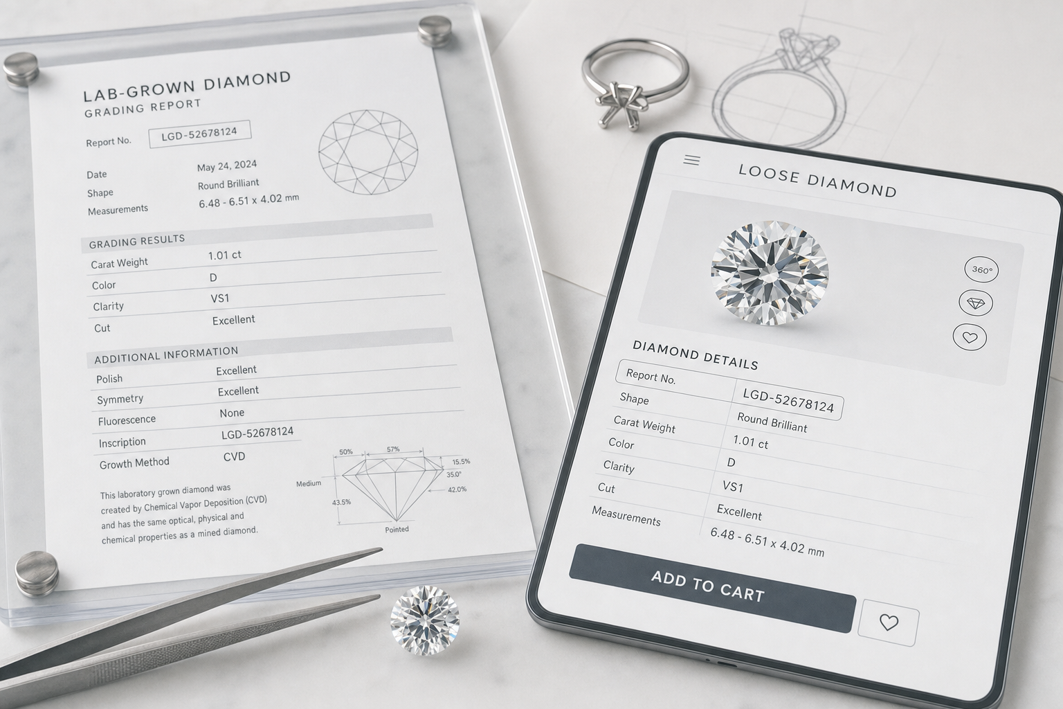 Side-by-side example showing a lab-grown diamond grading report number matched against an online loose diamond listing with carat weight, shape, color, clarity, and measurements highlighted