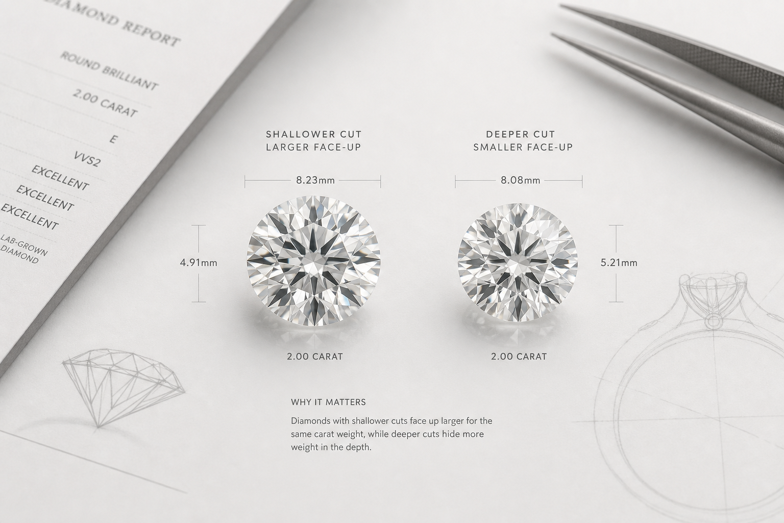 Diagram comparing two 2.00 carat lab-grown diamonds with different millimeter dimensions to show why face-up size and depth affect appearance