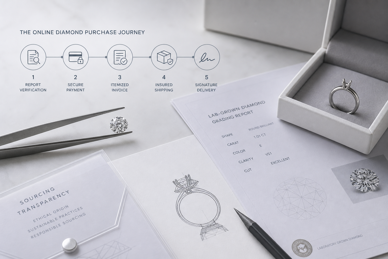 Online diamond purchase checklist showing report verification, secure payment, itemized invoice, insured shipping, and signature delivery as connected steps