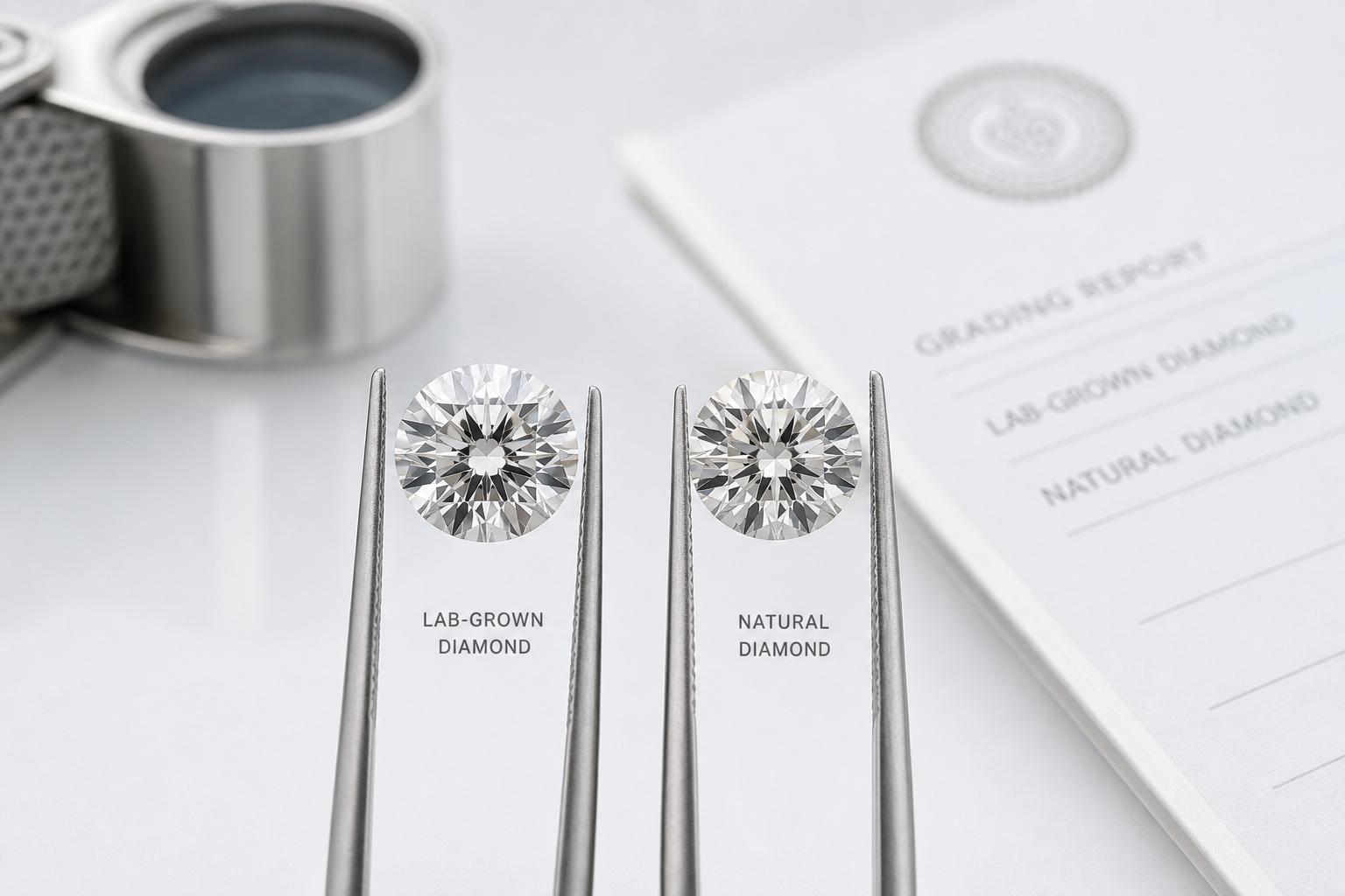Side-by-side macro image of a lab-grown diamond and a natural diamond showing identical brilliance under normal viewing