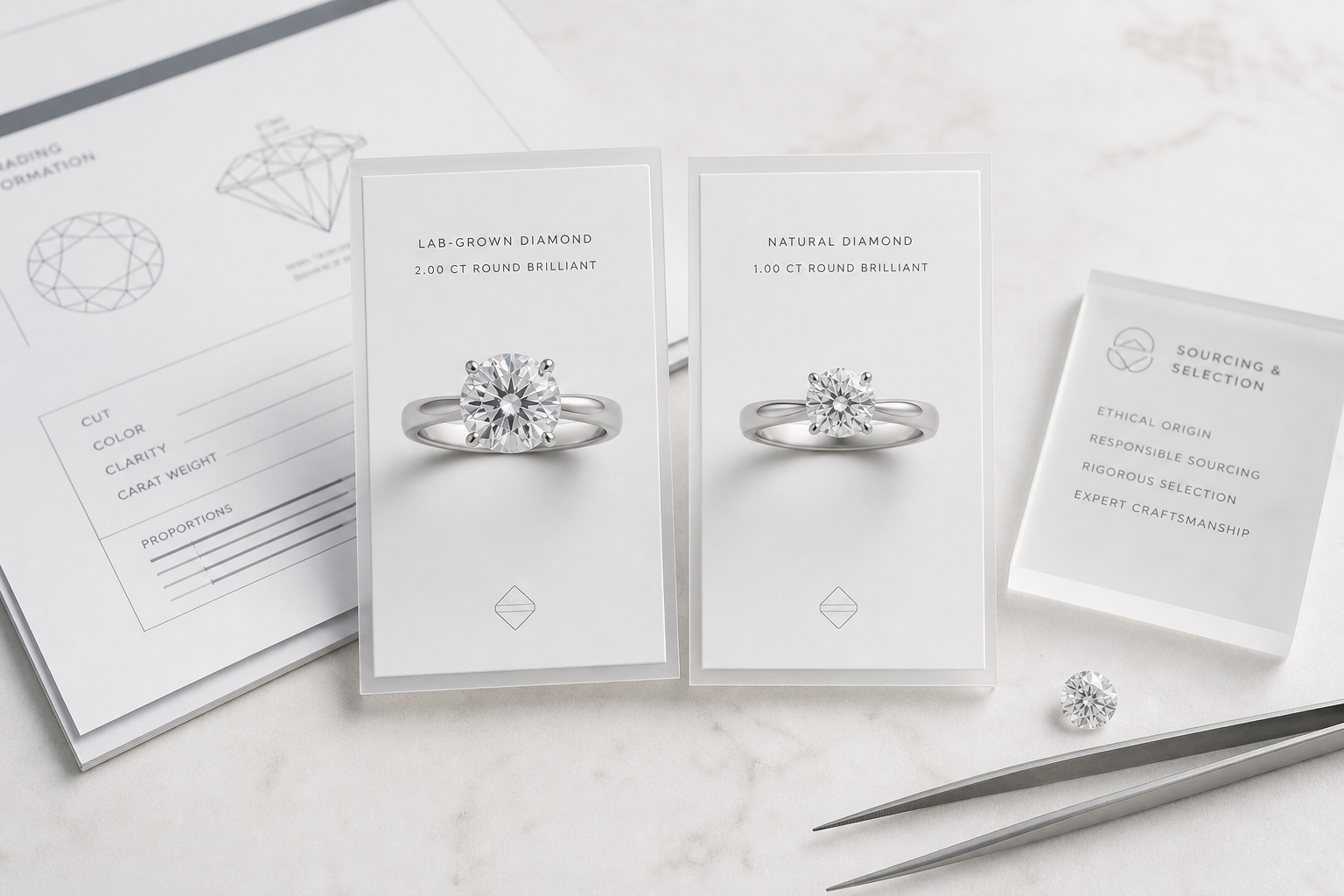 Two comparison cards showing a larger lab-grown center stone and a smaller natural diamond alternative with the same setting style