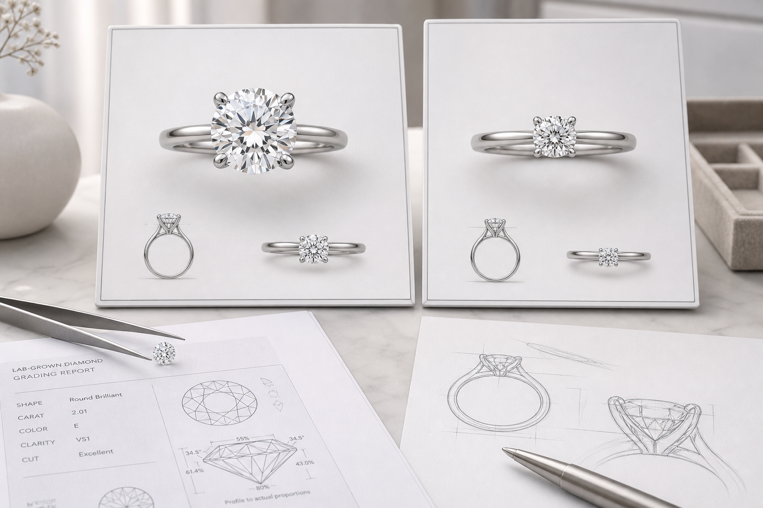 Two ring concept boards comparing a larger lab-grown center stone with a smaller natural diamond option in the same setting style