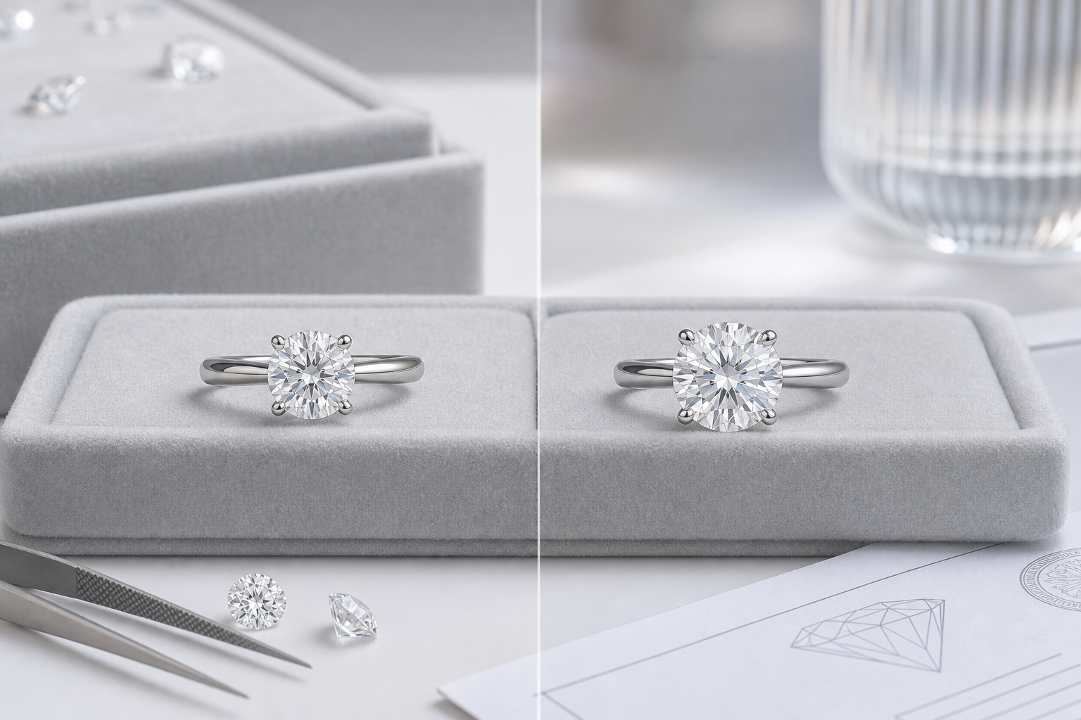 Side-by-side comparison graphic showing the same engagement ring budget applied to a smaller natural diamond and a larger lab-grown diamond with comparable visible quality