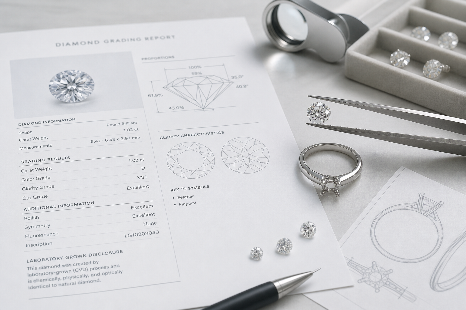Annotated diamond grading report showing carat weight, color, clarity, cut grade, measurements, and laboratory-grown origin disclosure