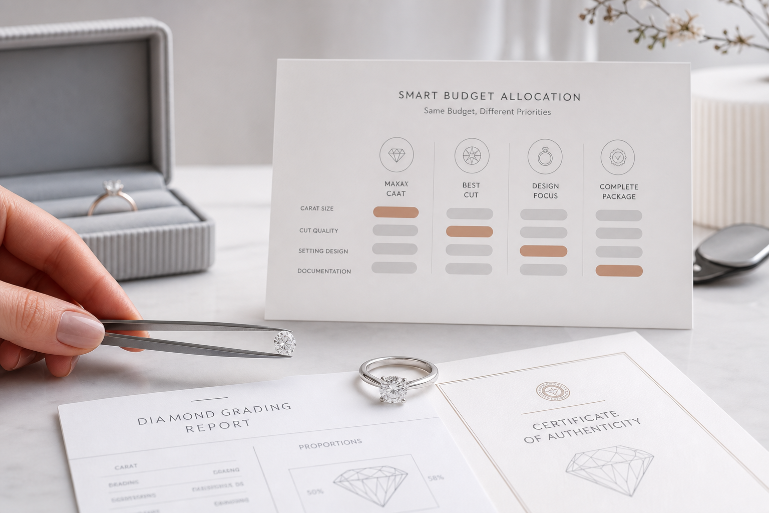 Budget allocation chart showing how the same diamond ring budget can shift between carat size, cut quality, setting design, and documentation