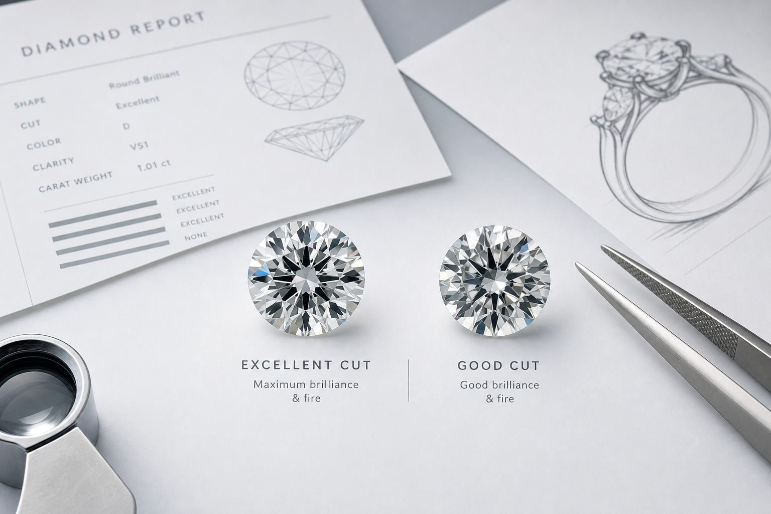 Side-by-side comparison of two round brilliant diamonds under the same lighting, showing that sparkle differences come from cut quality rather than origin alone