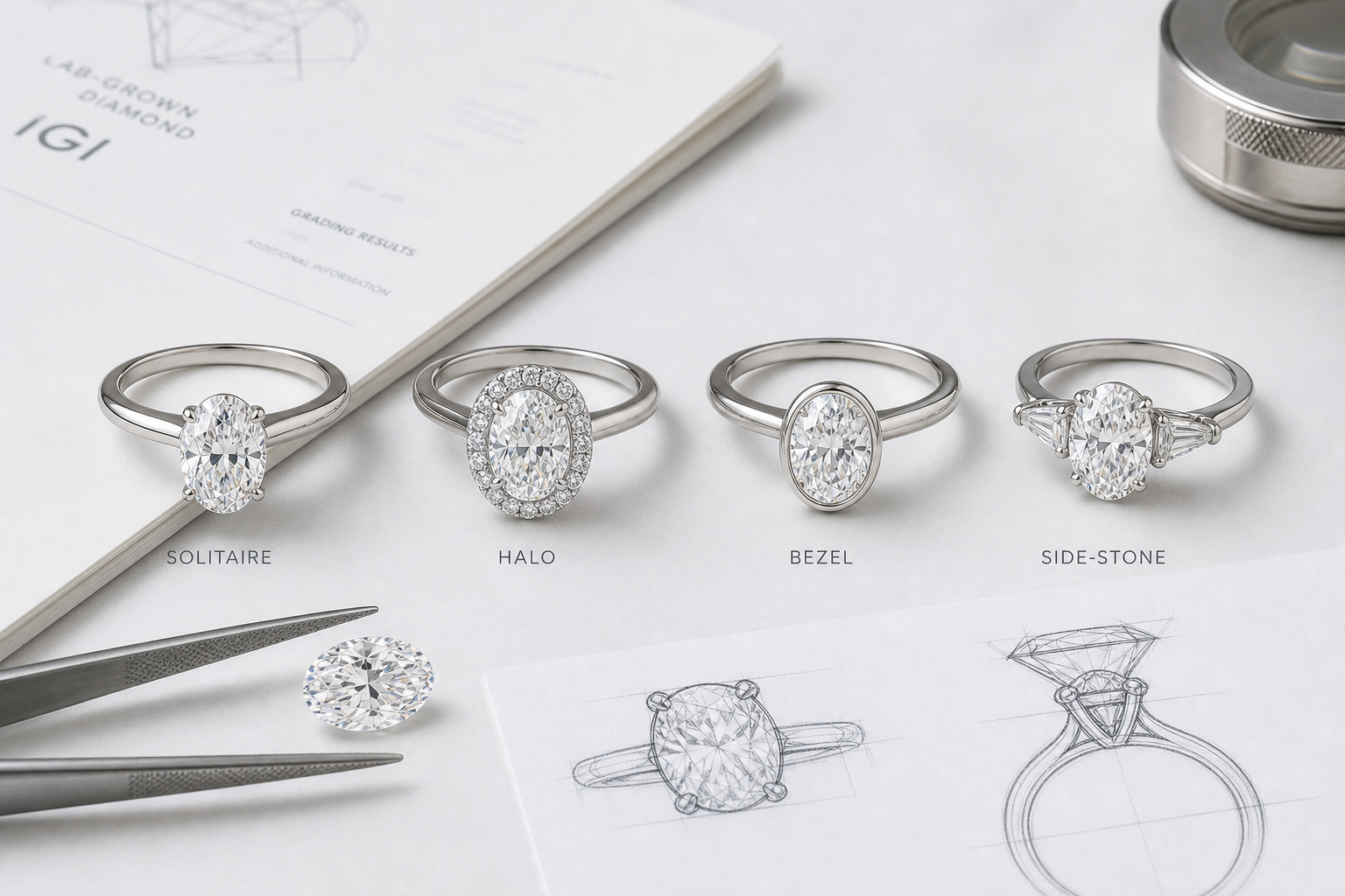 Engagement ring setting comparison showing the same diamond shape in solitaire, halo, bezel, and side-stone designs