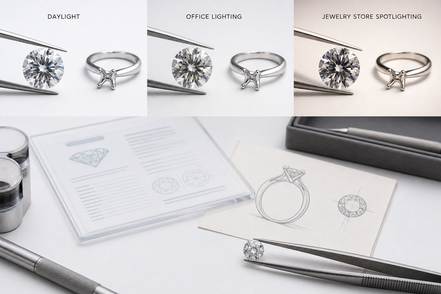 Diamond viewed under daylight, office lighting, and jewelry store spotlighting to show how everyday appearance changes with lighting conditions