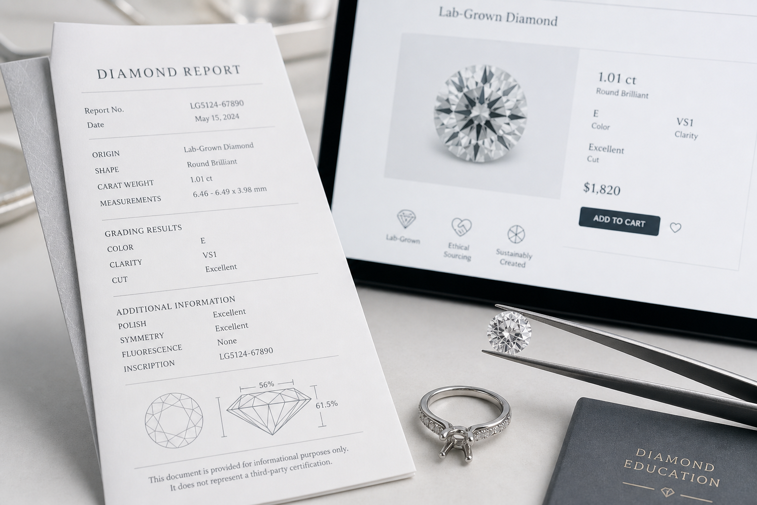 Close-up comparison of a diamond report and a product listing showing report number, origin designation, carat weight, and measurements