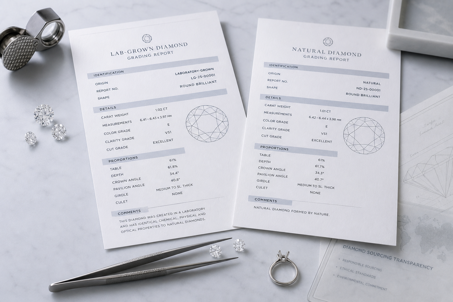 Side-by-side visual of a lab-grown diamond report and a natural diamond report highlighting origin designation, report number, carat weight, and measurements