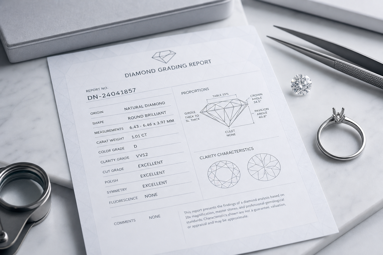 Close-up view of a natural diamond grading report showing the natural origin designation, report number, and key grading fields