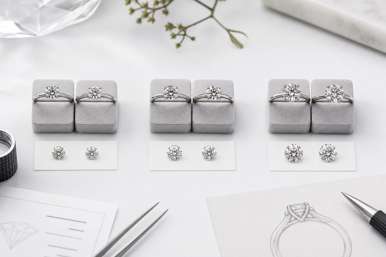 Side-by-side engagement ring budget comparison showing how lab-grown and natural center stones affect the total ring cost at 1.0 ct, 1.5 ct, and 2.0 ct