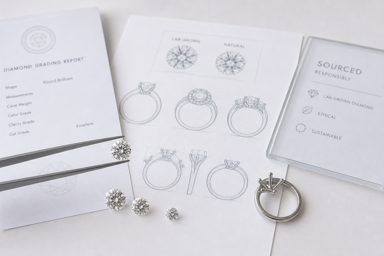 Sketches of solitaire, halo, and three-stone engagement ring settings showing how lab-grown and natural center stones change the visual proportions