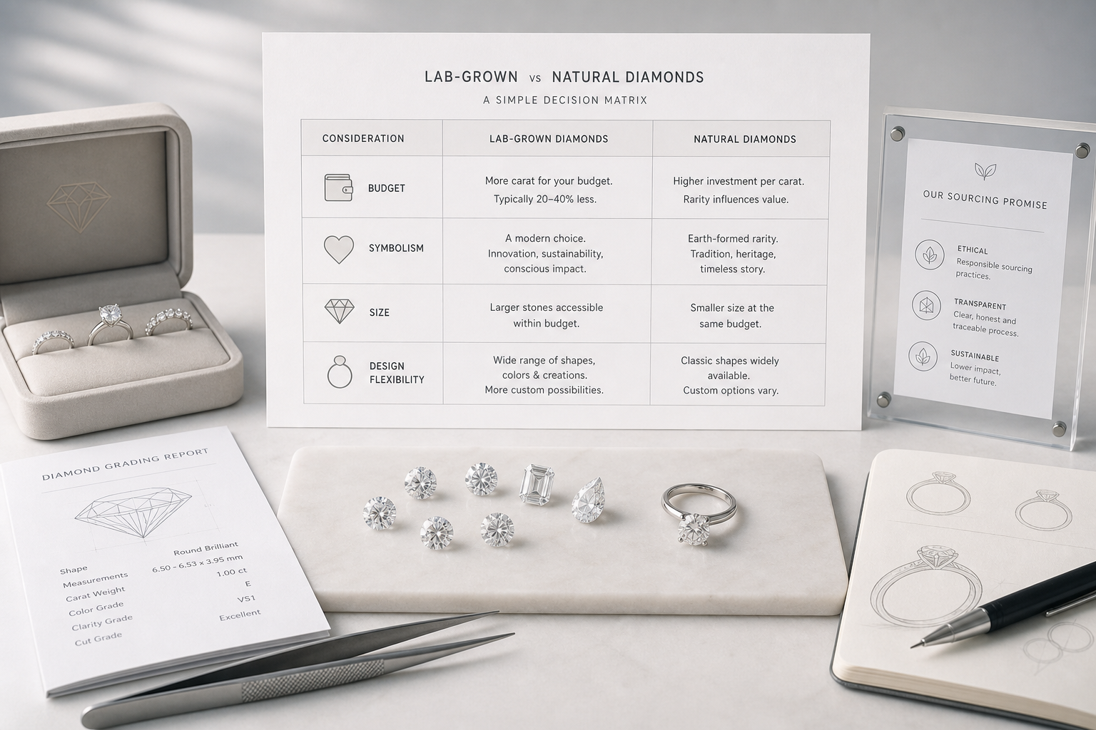 Simple decision matrix comparing lab-grown and natural diamonds by budget, symbolism, size, and design flexibility