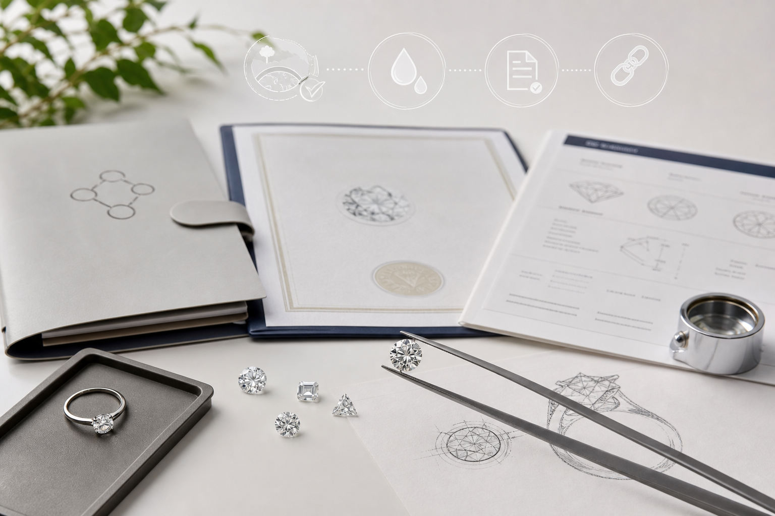 Natural diamond sustainability illustration showing mining impact factors such as land disturbance, water use, origin documentation, and chain of custody