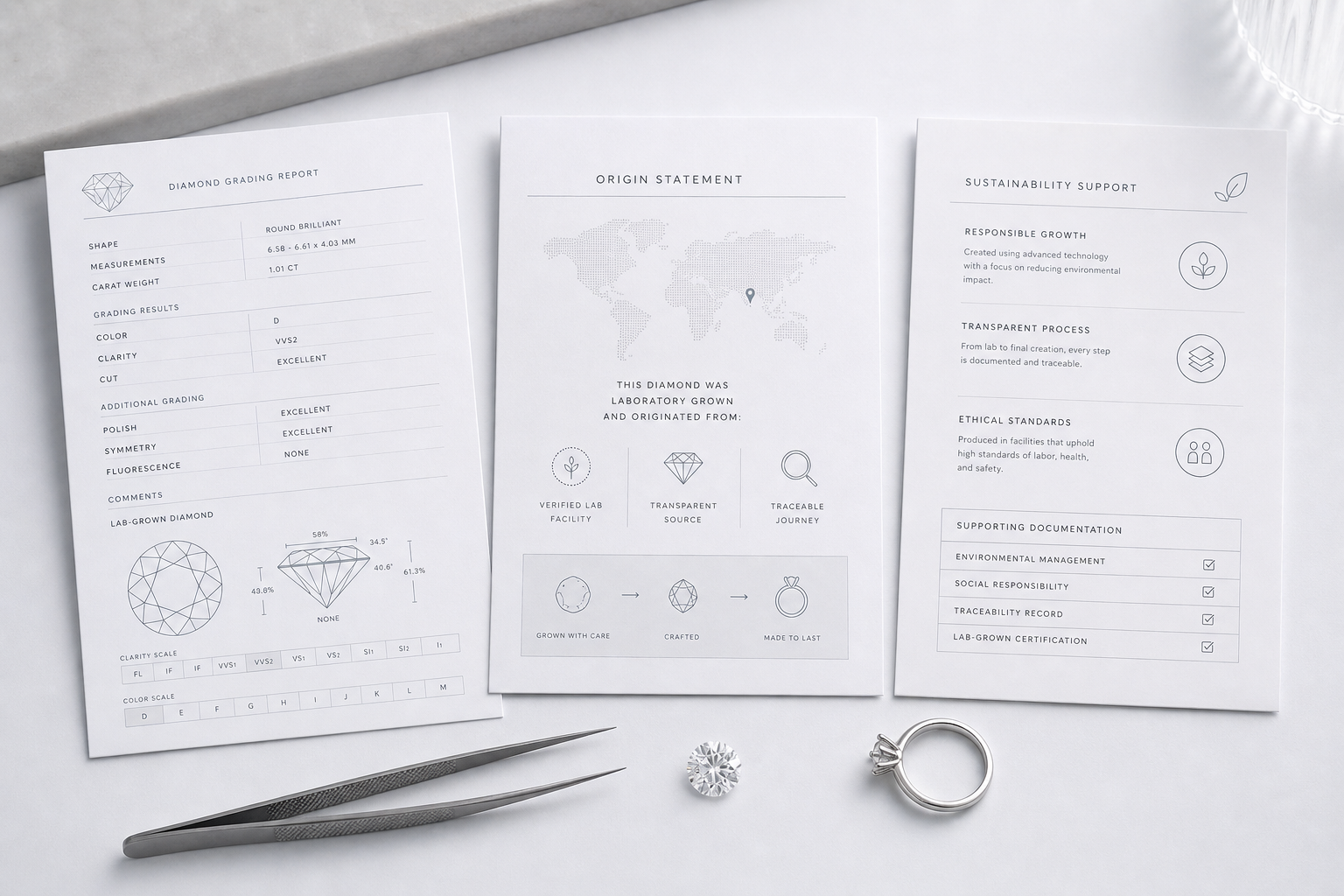Close-up of diamond documents showing the difference between a grading report, an origin statement, and sustainability support paperwork