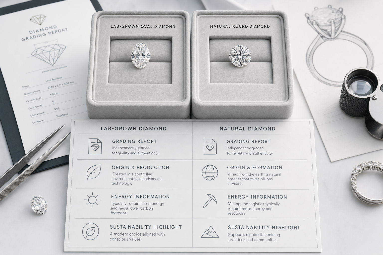 Buyer comparison chart showing a lab-grown oval diamond and a natural round diamond with side-by-side sustainability evidence fields such as grading report, origin or production disclosure, and energy information