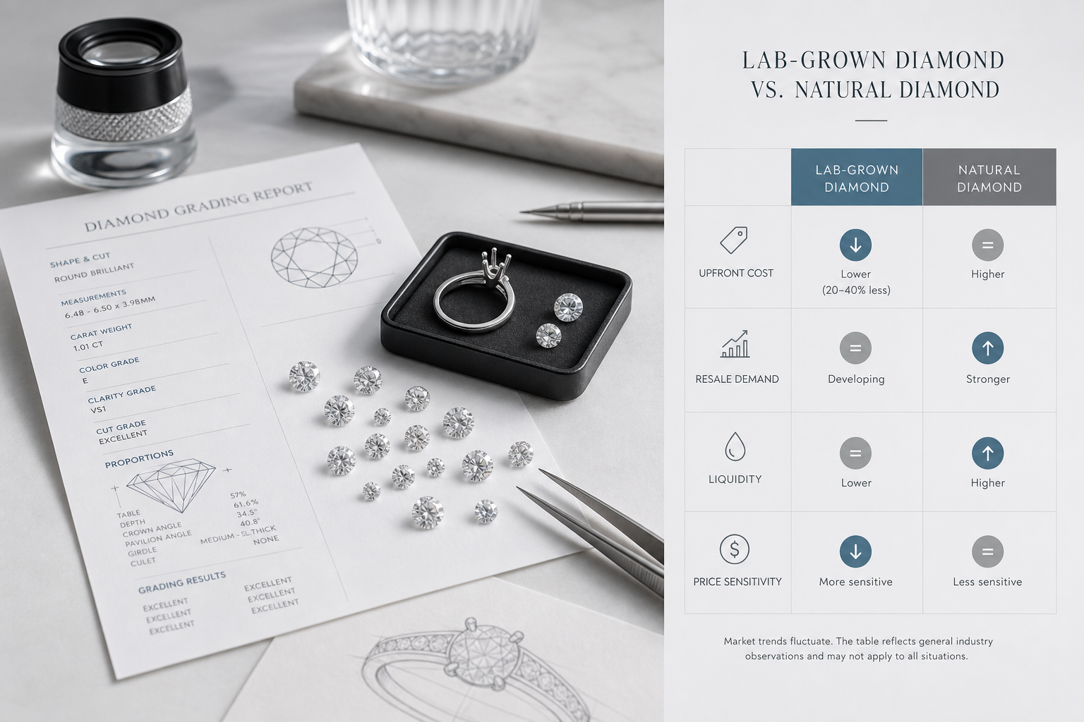 Side-by-side comparison chart showing lab-grown and natural diamond resale factors such as upfront cost, resale demand, liquidity, and price sensitivity