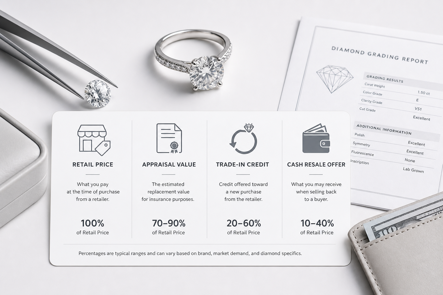 Visual table explaining the difference between retail price, appraisal value, trade-in credit, and cash resale offer for a diamond