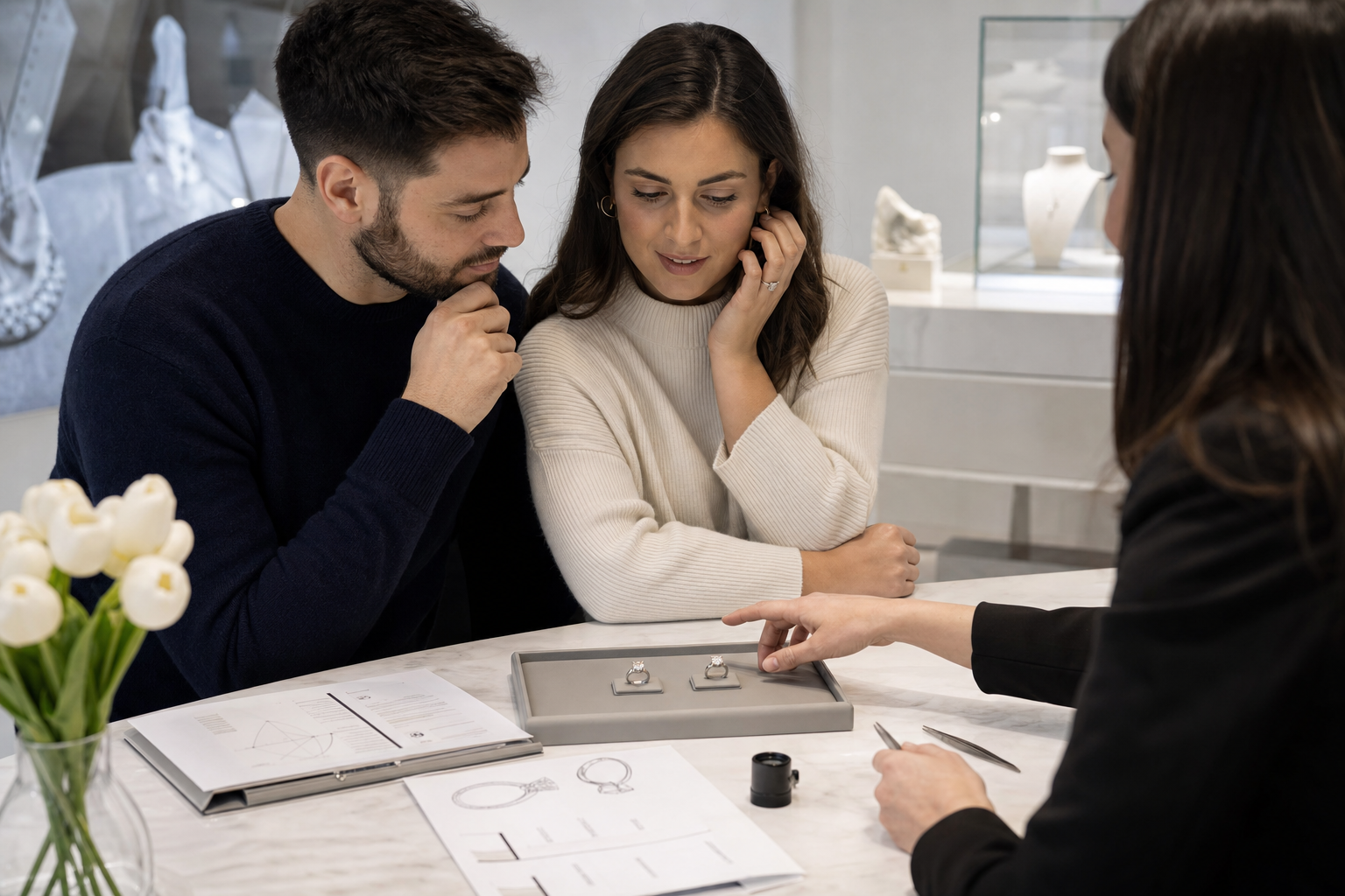 Couple comparing a smaller natural diamond ring and a larger lab-grown diamond ring while reviewing budget, resale expectations, and daily wear priorities