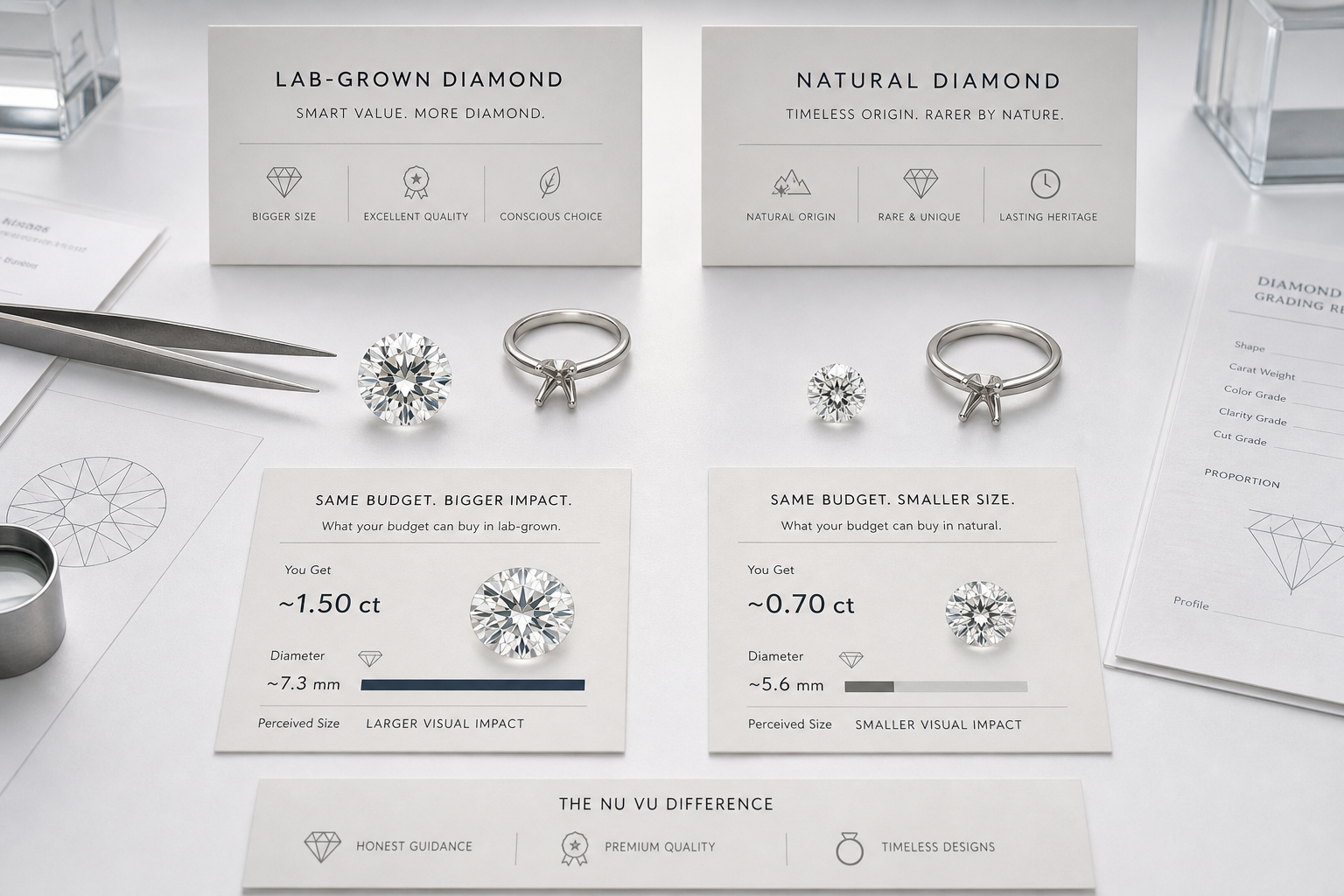Side-by-side comparison chart showing what an entry-level budget buys in lab-grown and natural diamonds