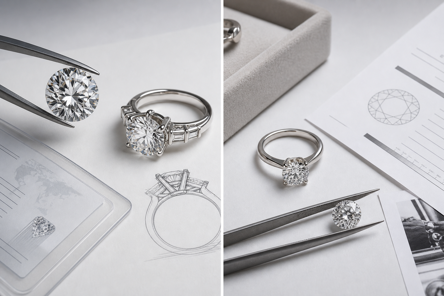 Side-by-side custom jewelry examples showing how high budgets can be allocated differently between lab-grown and natural diamonds