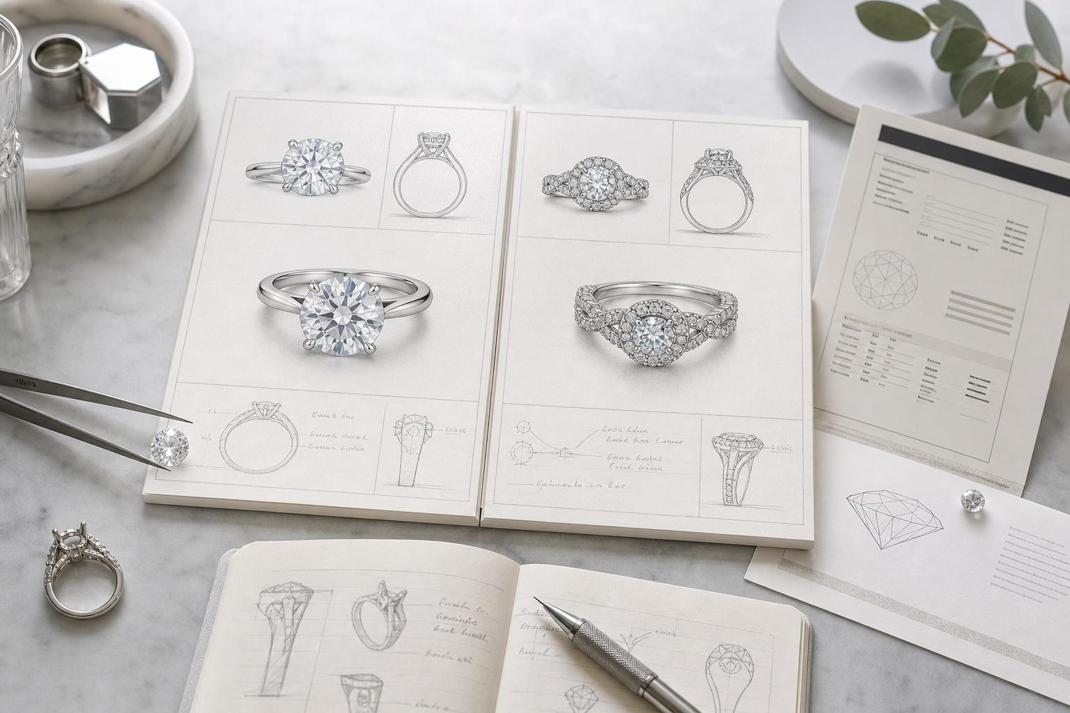 Side-by-side custom ring design sketches showing how the same budget can produce different center stone sizes and setting complexity with lab-grown versus natural diamonds