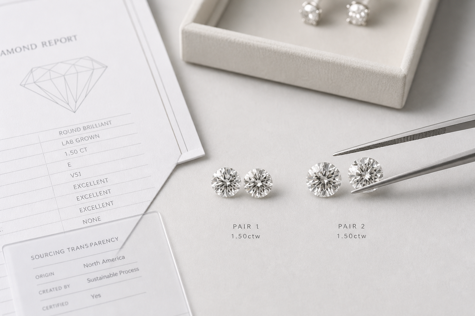 Close-up comparison of matched diamond pairs showing similar millimeter dimensions, color appearance, and face-up balance for custom earrings
