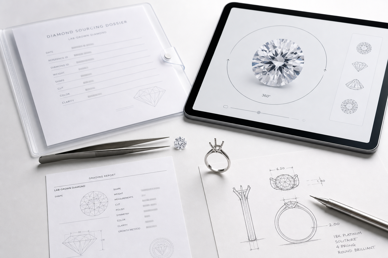 Example layout showing a diamond grading report beside a 360-degree diamond video and measurement notes for custom ring approval