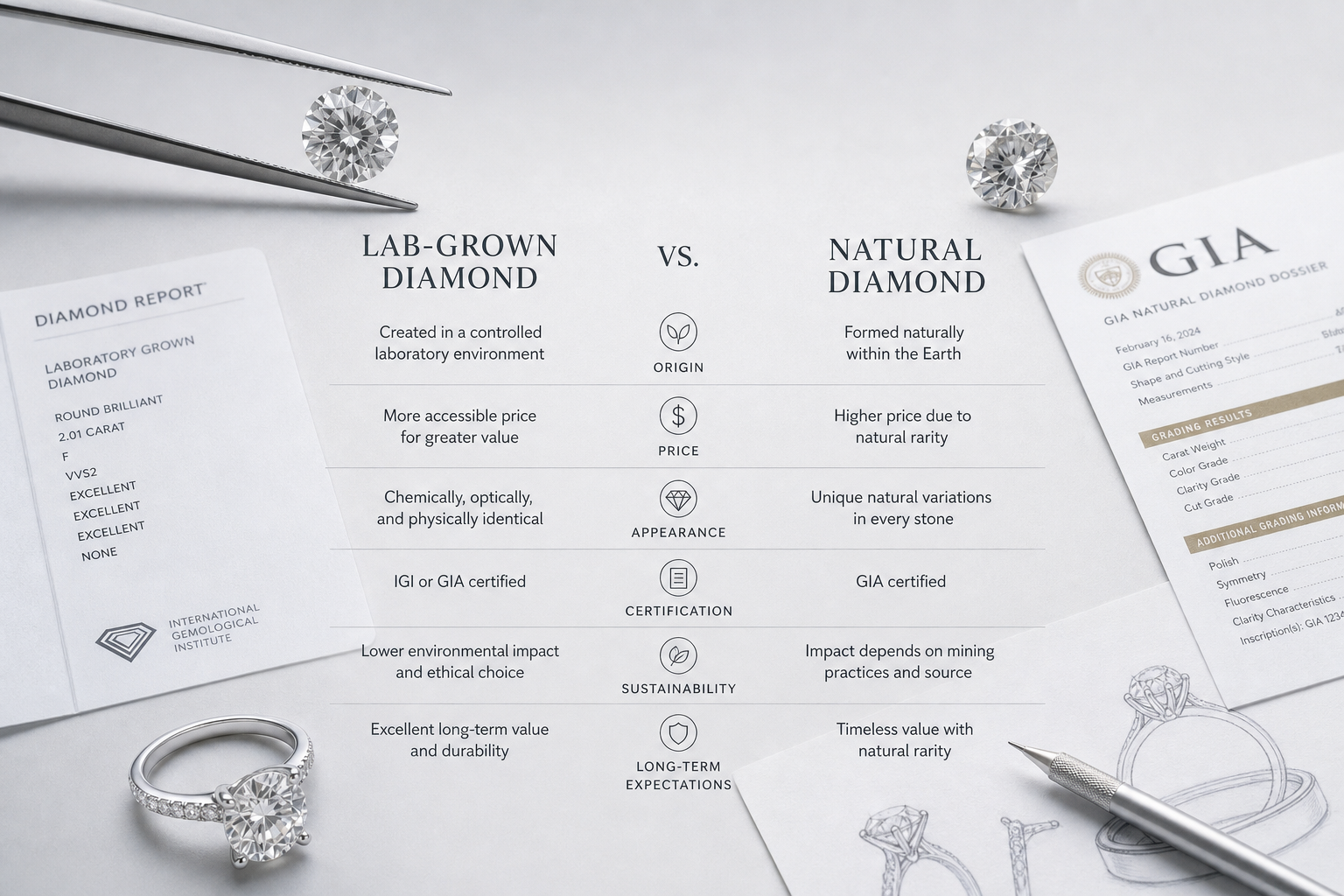 Side-by-side buyer decision graphic showing lab-grown diamond and natural diamond comparison categories: origin, price, appearance, certification, sustainability claims, and long-term expectations