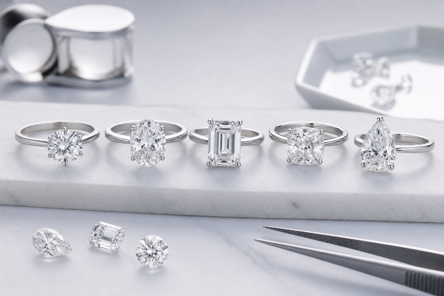 Close-up comparison of diamond shapes in engagement ring settings showing how round, oval, emerald, cushion, and pear diamonds create different face-up appearances