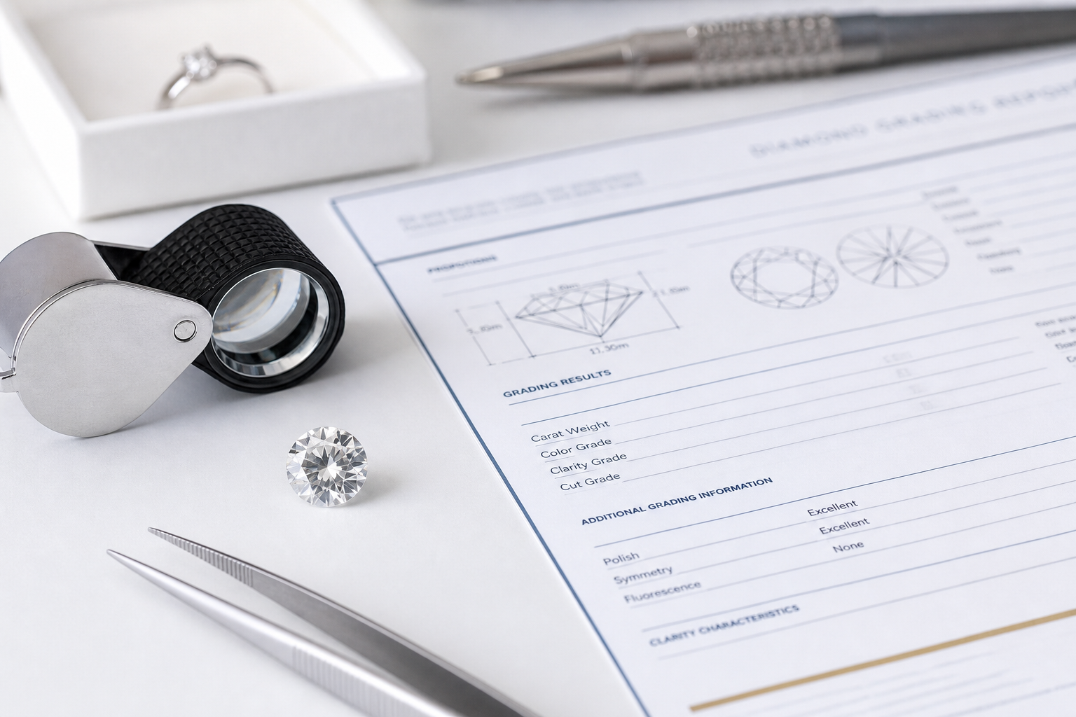Close-up of a diamond grading report beside a loose diamond and jeweler’s loupe, showing certificate details being checked before purchase