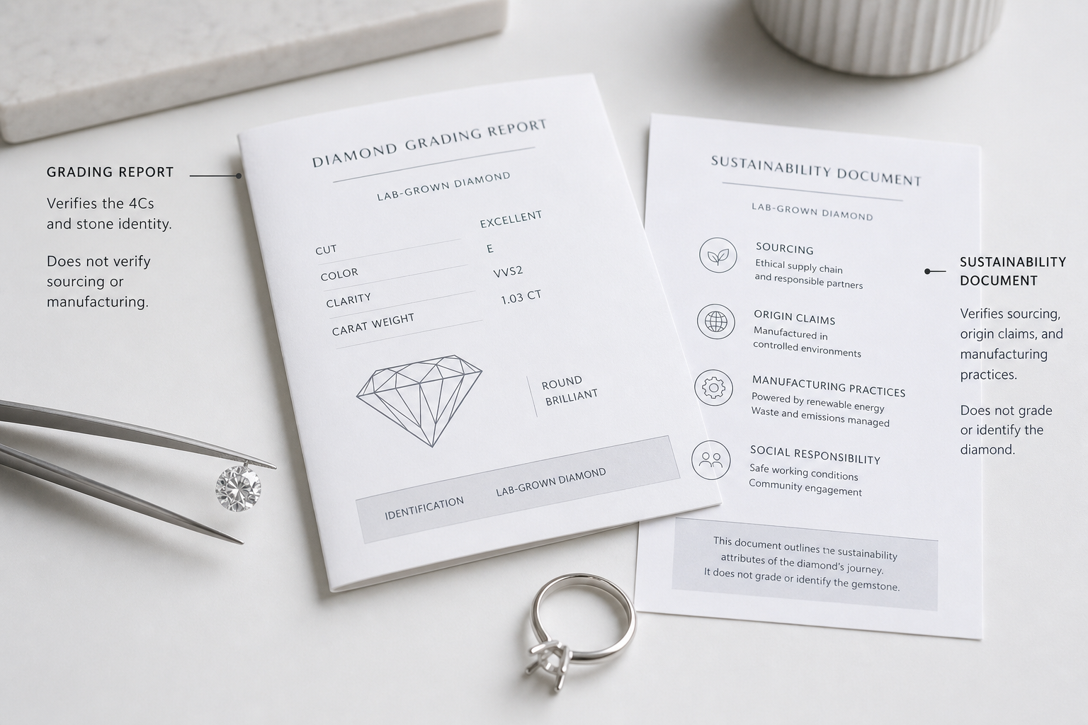 Example-style diagram showing a lab-grown diamond grading report next to separate sustainability documentation, with labels explaining what each can and cannot verify