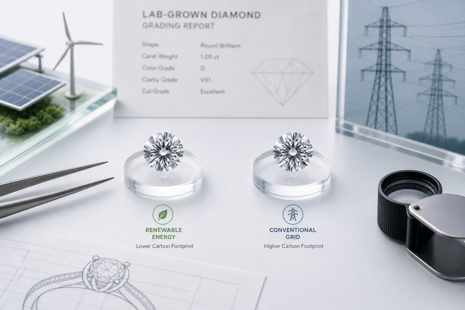 Side-by-side comparison of two visually identical lab-grown diamonds with different electricity sources, showing how the same diamond grade can have different carbon footprint profiles