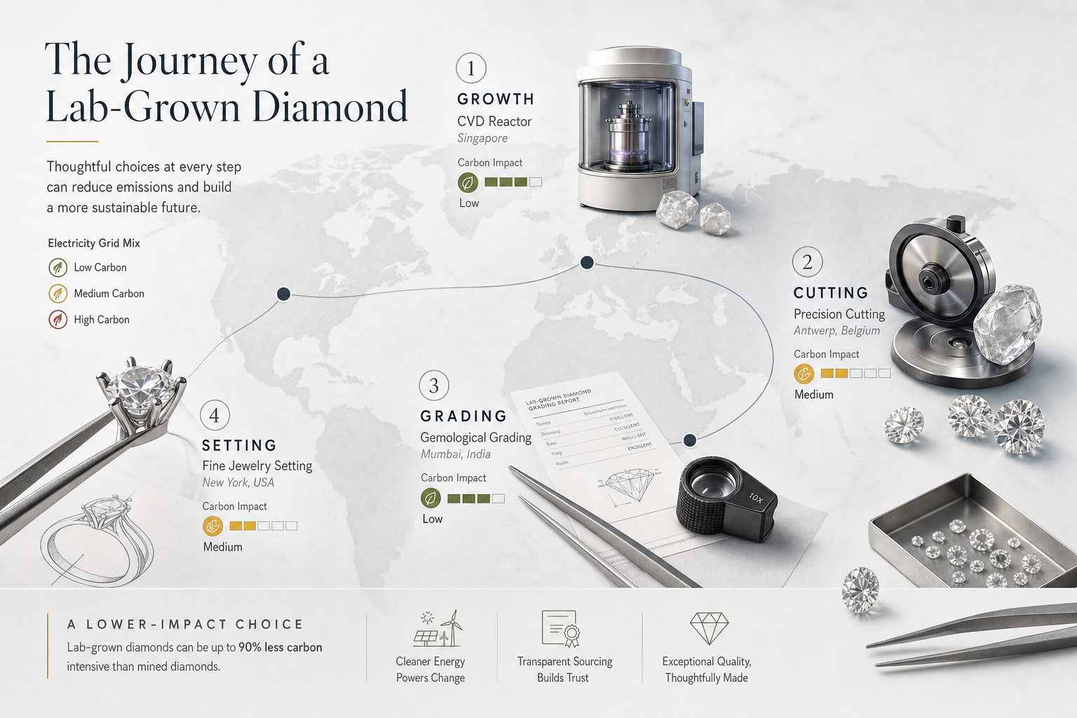 Map-style visual showing how a lab-grown diamond may be grown, cut, graded, and set in different locations, with electricity grid mix affecting the carbon footprint at each stage