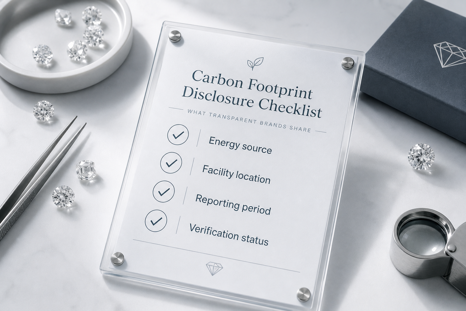 Buyer-facing checklist graphic showing carbon footprint disclosure items for lab-grown diamonds, including energy source, facility location, reporting period, and verification status