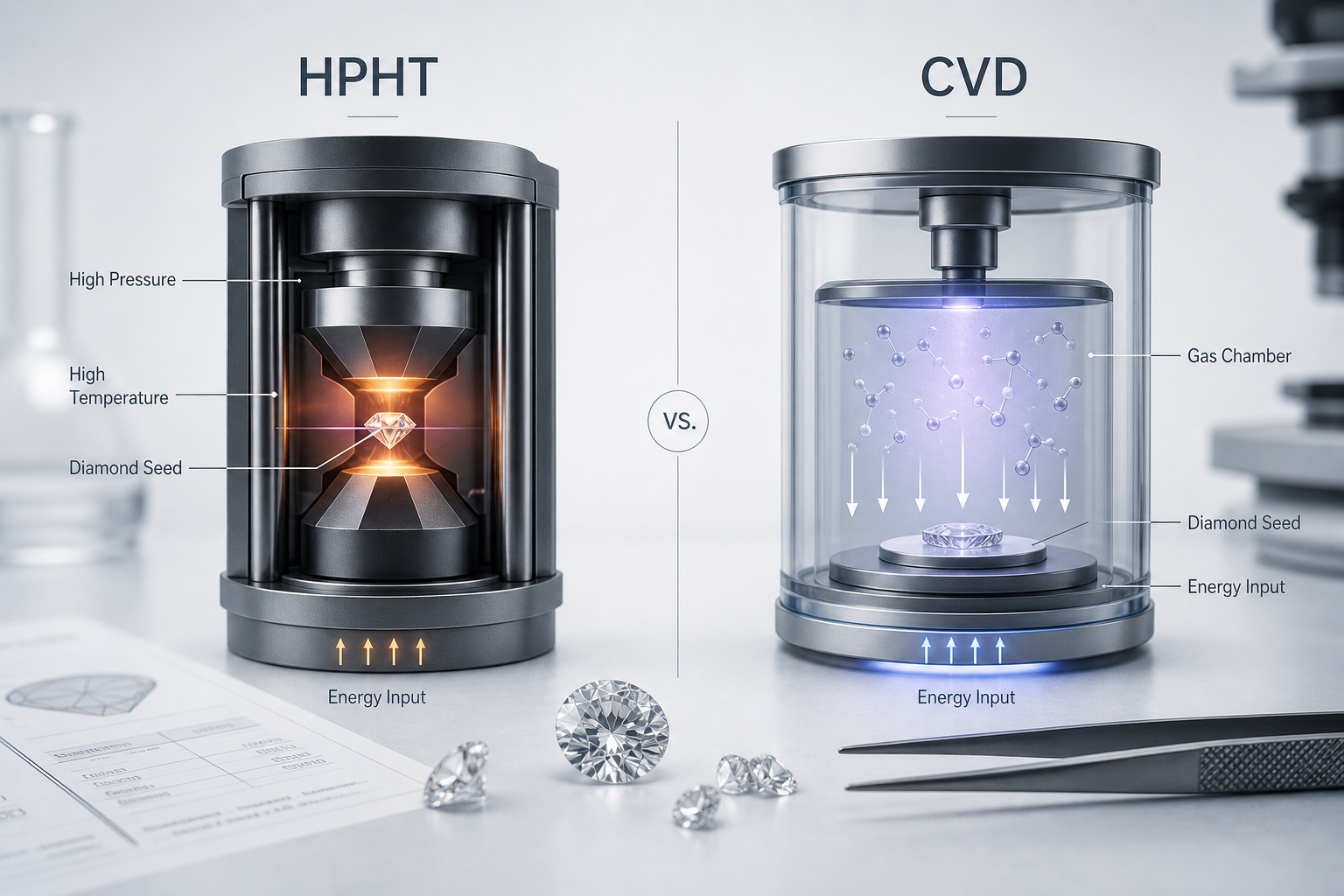 Side-by-side educational diagram showing HPHT and CVD lab-grown diamond growth environments with simplified labels for pressure, temperature, gas chamber, diamond seed, and energy input