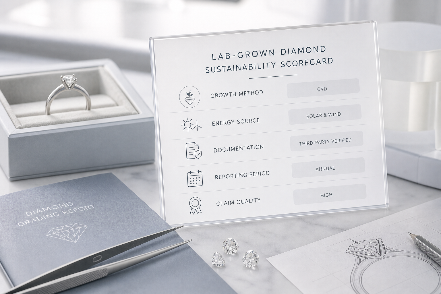 Buyer-facing sustainability scorecard for lab-grown diamonds showing growth method, energy source, documentation, reporting period, and claim quality