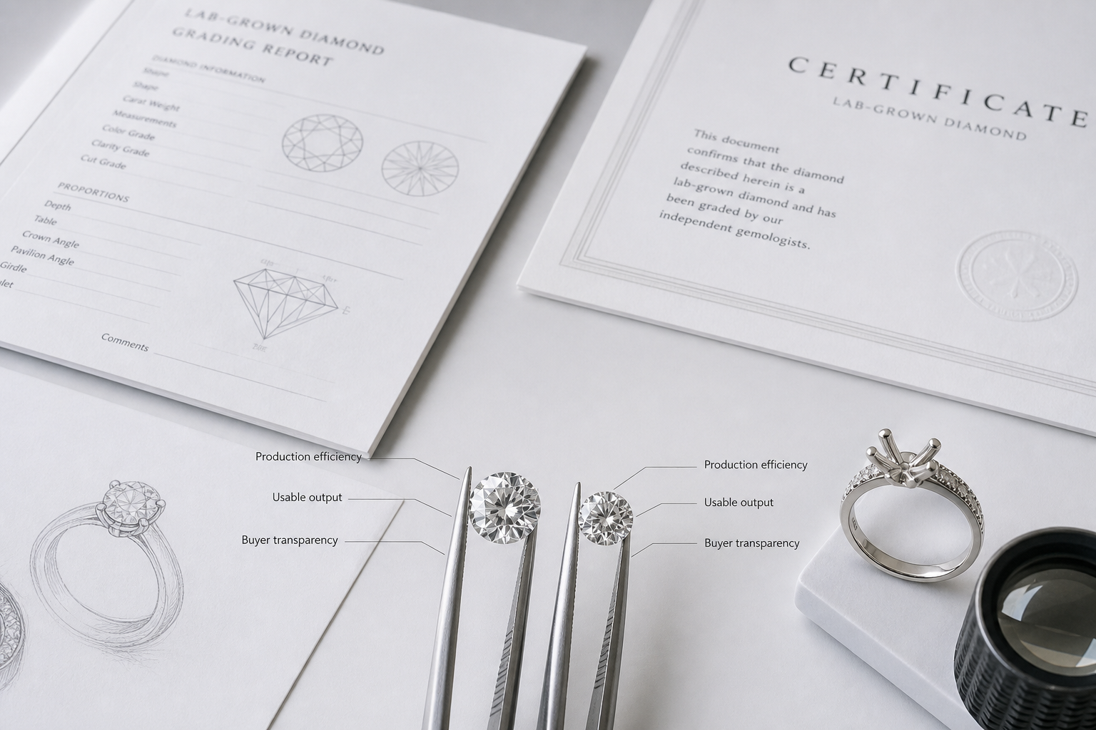 Side-by-side visual showing two lab-grown diamonds with simplified notes on production efficiency, usable output, and buyer transparency