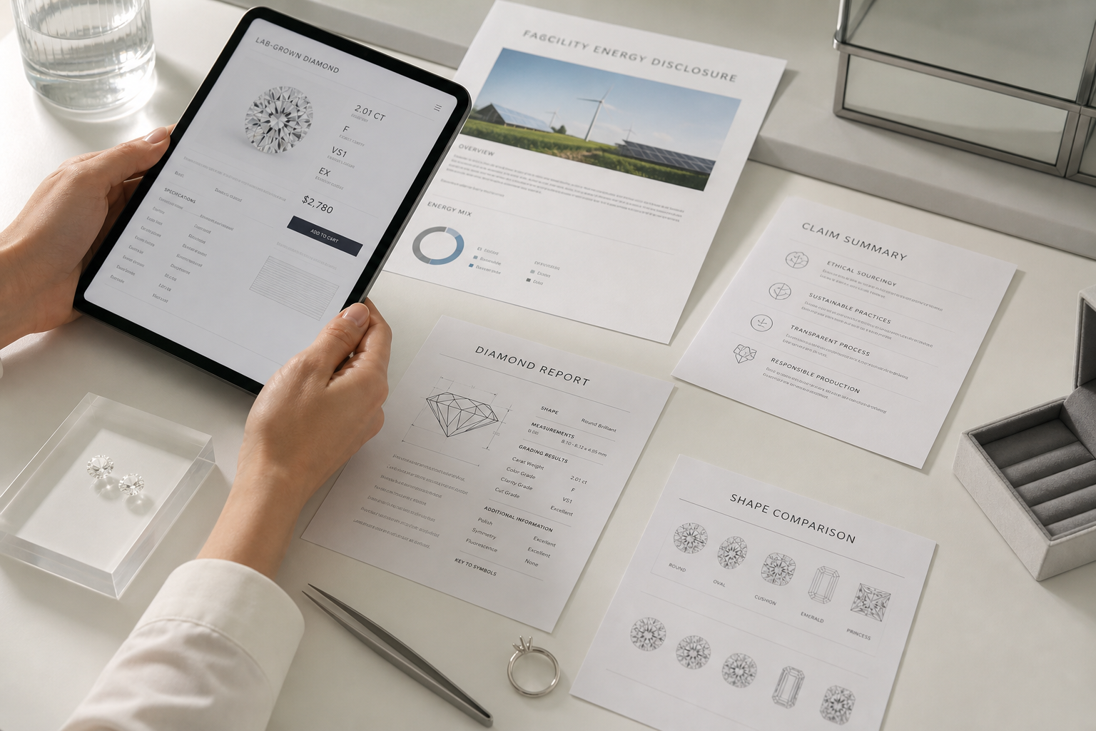 A buyer comparing a lab-grown diamond listing page with a facility energy disclosure, a dated certificate, and a simple claim summary sheet