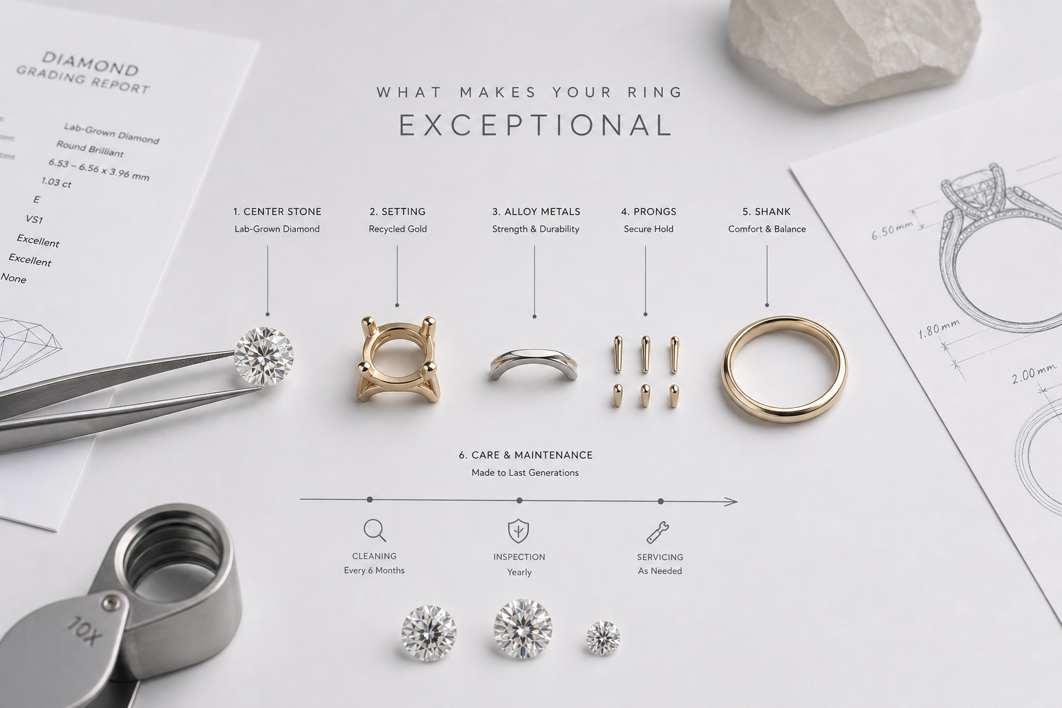 Side-by-side visual showing a lab-grown diamond ring broken into components: center stone, recycled gold setting, alloy metals, prongs, shank, and maintenance path