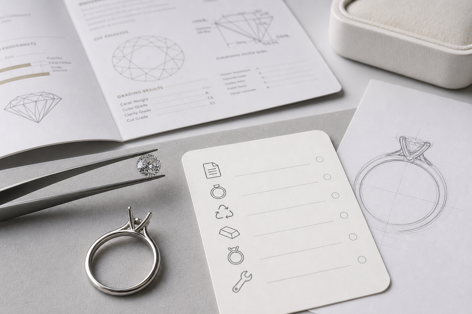 Buyer checklist graphic showing documentation points for a sustainable lab-grown diamond ring: diamond report, metal karat, recycled gold claim, alloy disclosure, setting details, and repair notes